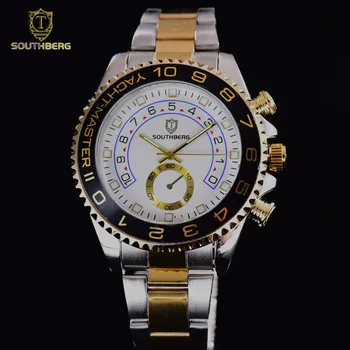 2017 SOUTHBERG Aukso laikrodis Vyrams Pasukti Bezel Safyro Stiklas Nerūdijančio plieno Juosta Sporto Kvarcinis Laikrodis reloj relogio 44MM