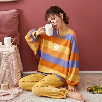 2020 m. Rudenį ilgomis Rankovėmis Pajama Rinkinys Moterims Medvilnės Mielas oranžinė spalva Sleepwear ponios Homewear Pijama Mujer namų Drabužiai