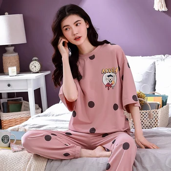 4XL Jauna Mergina Sleepwear Rinkiniai, Laisvalaikio Drabužių Pavasario Plonas Trumpas Rankovėmis Moterų Pižama Dot Spausdinti Pižamos Gražių namų drabužių