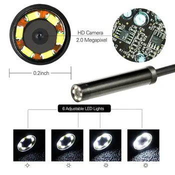 7mm Endoskopą Kamera Lankstus IP67 atsparus Vandeniui 6 Reguliuojamas šviesos Diodų Tikrinimo Borescope Fotoaparatas 