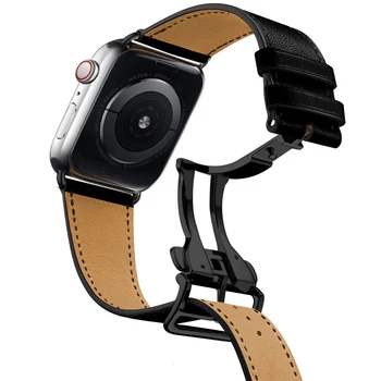 AKGLEADER Apple Žiūrėti Series 5 4 40/44mm Serijos 3 2 Watchband Genunine Odinis Riešo Dirželis Juodas Diegimo Sagtis Apyrankė