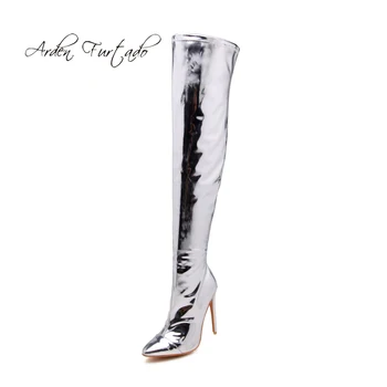 Arden Furtado žiemos mados aukšti kulniukai 12cm adatos (stiletai užtrauktukas seksualus šalies ponios batai sidabro virš kelio šlaunų auliniai batai moterims, naujas