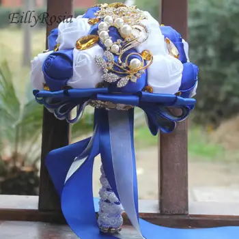 Aukso Sagės Papuošalai, Kristalai, Nuotakos Puokštė Dirbtinės Rožės Cirkonio Royal Blue White Wedding bouquet de mariage exotique