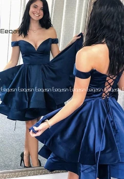 Eeqasn Mados Tamsiai Mėlynas Trumpas Prom Dress 2020 Off Peties Satino Merginos Gimtadienio Mini Suknelė Homecoming Gala Plius Dydis