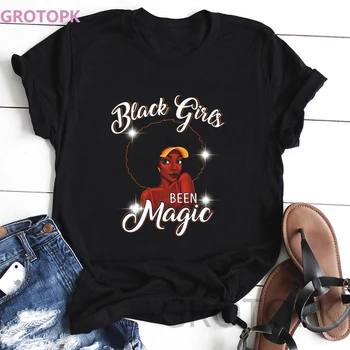 Gothic Black Girl Magic Melanino Poppin T-shirt Juokinga Juoda Mergina Spausdinti korėjos Stiliaus Viršaus į Harajuku Derliaus moteriški marškinėliai