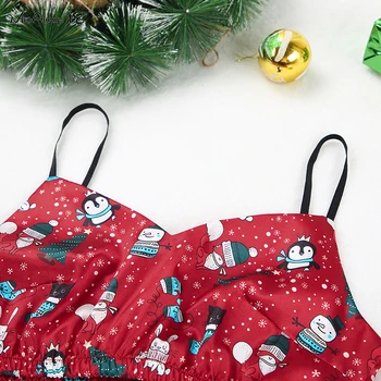 Mnealways18 Kalėdų Raudona Satino Pajama Moterų Sexy Spageti Dirželis Sleepwear Moterų Snaigės Spaudinių Homewear Viršūnes Dviejų Dalių Rinkiniai