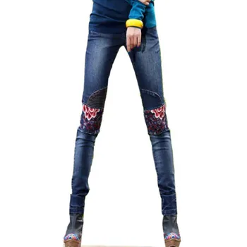 Moterų siuvinėti džinsai naujas kelnes aukšto juosmens elastinga etninės plius dydžio ilgas kelnes