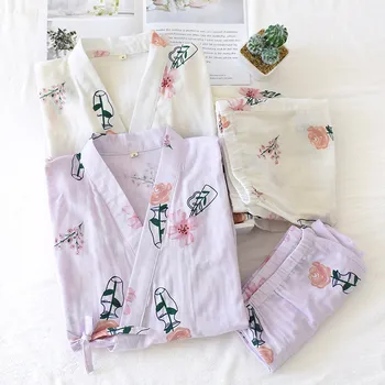Moterų Sleepwear Medvilnės Marlės, Minkštas Kimono Pajama Komplektai ilgomis Rankovėmis Avokado Spausdinti Pajama Nustatyti Rudenį Moteriškos Pižamos naktiniai drabužiai