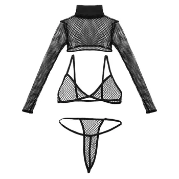 MSemis Moterų Sexy Matyti Per žvejybos tinklas Lingerie Nustatyti ilgomis Rankovėmis Pečiais T-shirt, Derliaus Viršuje Trikampis Liemenėlė ir G-string Kelnaitės Apatiniai