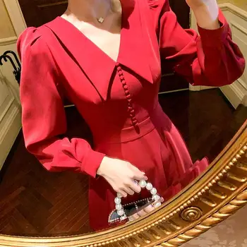 Raudonos Spalvos Elegantiškas Kalėdų Suknelė Moterims Rudenį Atsitiktinis Retro Šalies Midi Suknelė Moterų Slim Hepburn Prašmatnus Korėjos Suknelė Moterims 2020 Naujas