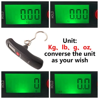 Tiksli svorio matavimo Elektroninė masto 50kg nešiojamas LCD ekranas kabo virtuvėje svoriai vertus masto Žvejybos kablys svarstyklės