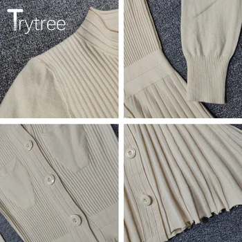 Trytree 2020 m. Rudens Žiemos Moterų Atsitiktinis Suknelė, O-kaklo Mezgimo Vieną Krūtinėmis Kišenės-line Plisuotos Kieto 4 Spalvos Mini Suknelė