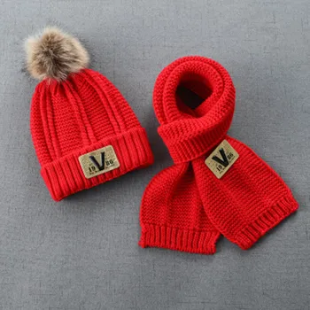 Vaikų megzti skrybėlę ir skara dviejų dalių žiemos naujas plus aksomo sustorėjimas kūdikių skrybėlę lauko šiltas skrybėlę, šaliką berniukų /mergaičių mados laukinių