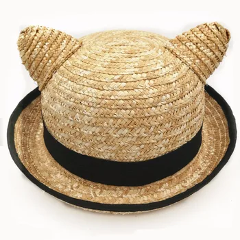 Vasarą Naujos Katės Ausis, Rankų darbo Natūralūs Šiaudai Saulės Skrybėlę su Laivapriekio Moterų Kietas Paplūdimio Kepurė Mergaitėms UV Apsauga Sunhat
