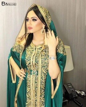 Žalia Siuvinėjimo Hijab Vakaro Suknelės Caftan Chalatas De Soiree-Line Satin Ilgos Moterys Oficialų Suknelė Dubajus Arabų Vakare Chalatai